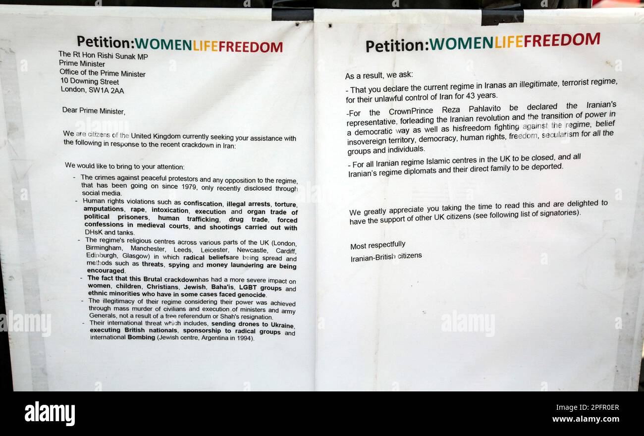 Londra UK 18 marzo 2023 una lettera aperta a Rishi Sunak dal popolo iraniano che vive in Inghilterra per aiutare con la recente violenta repressione da parte delle autorità iraniane .Paul Quezada-Neiman/Alamy Live News Foto Stock