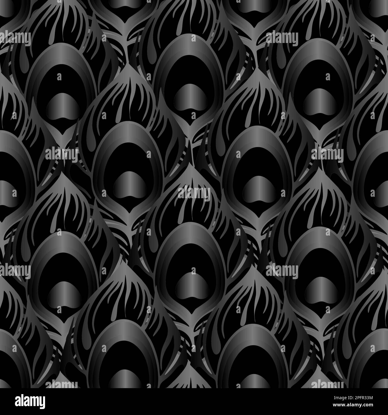 motivo simmetrico senza cuciture di piume di pavone nei colori nero e grigio, texture, design Foto Stock