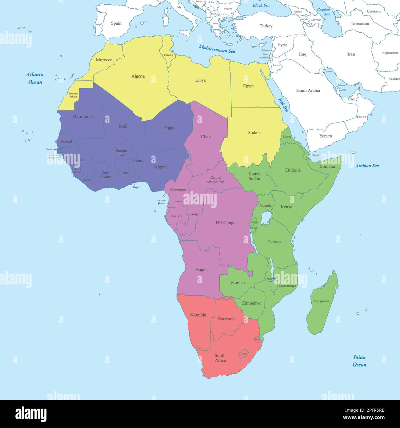 Mappa a colori politica dell'Africa con i confini degli stati. Illustrazione Vettoriale