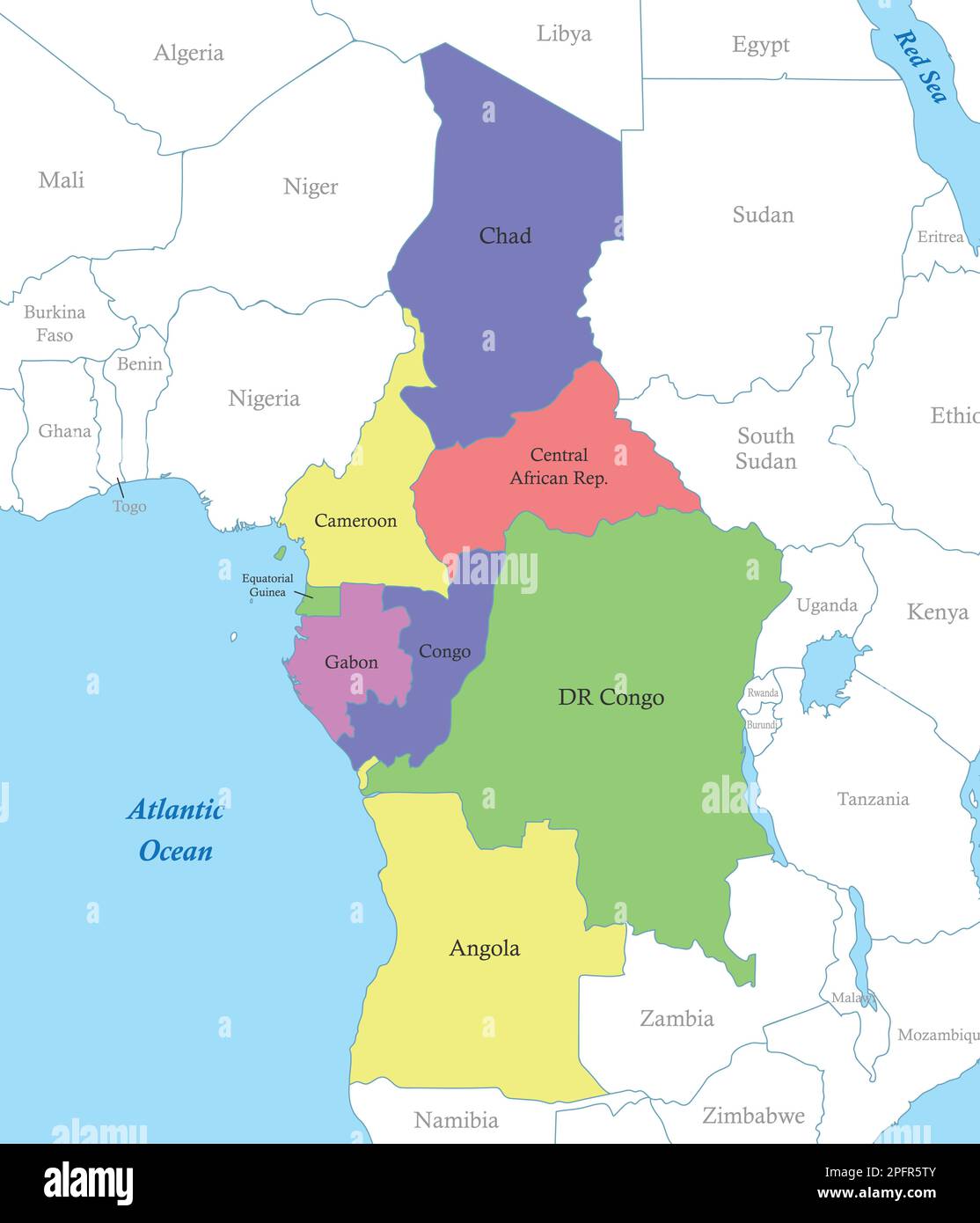 Mappa a colori politica dell'Africa centrale con i confini degli stati. Illustrazione Vettoriale