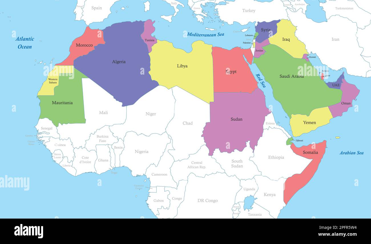 Mappa a colori politica del mondo arabo con i confini degli stati Illustrazione Vettoriale