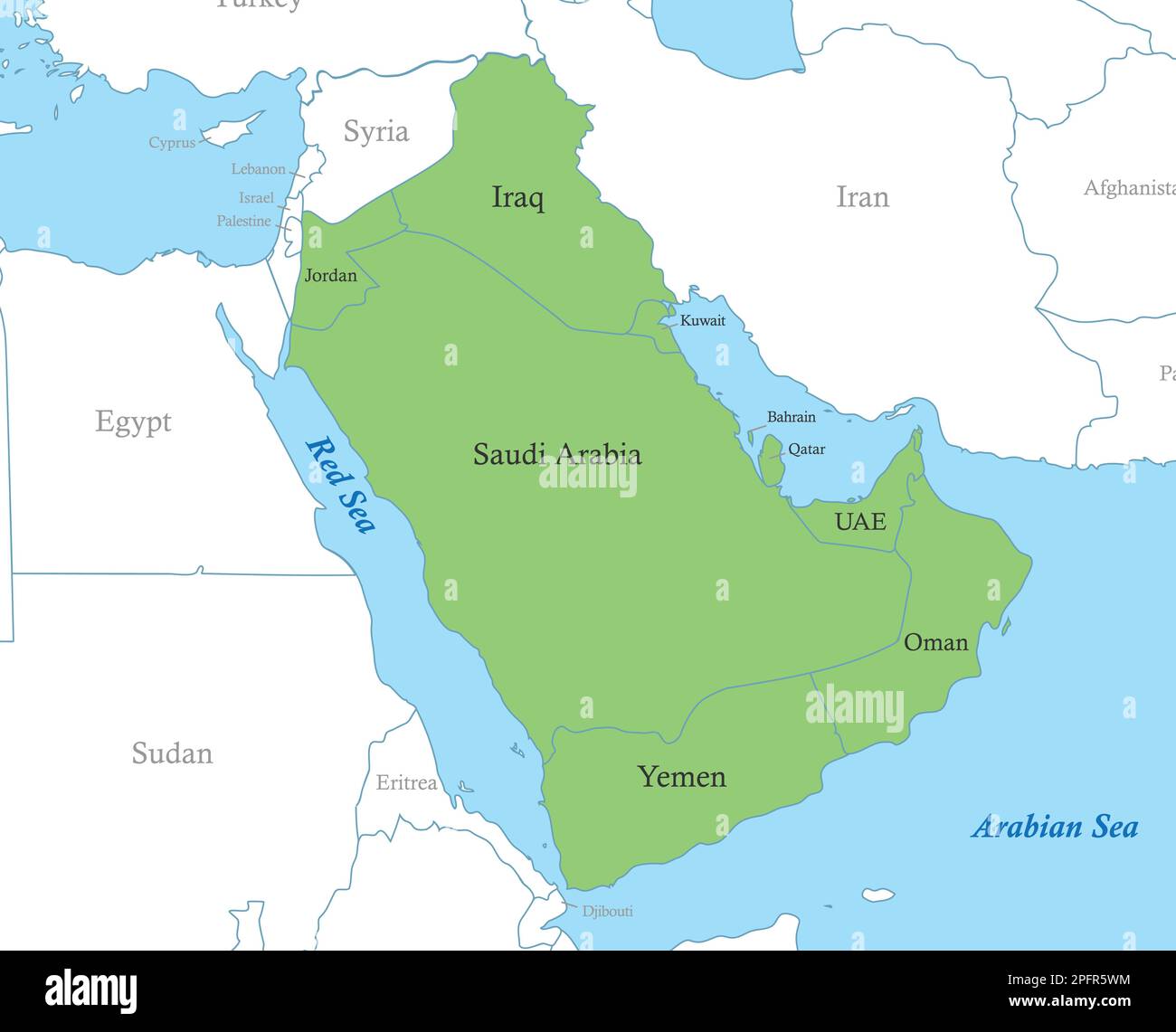 Mappa a colori politica della Penisola Araba con i confini degli stati. Illustrazione Vettoriale
