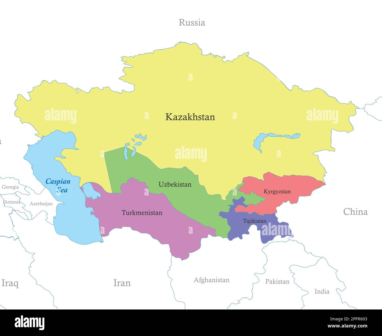 Mappa a colori politica dell'Asia centrale con i confini degli stati. Illustrazione Vettoriale