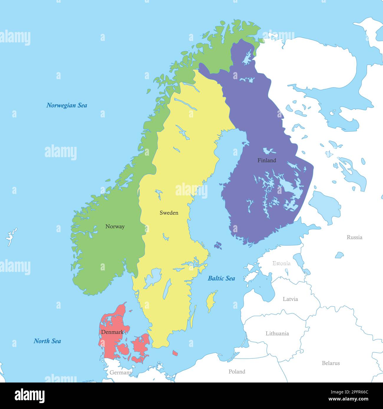 Mappa politica a colori del Nord Europa con i confini dei paesi. Scandinavia Illustrazione Vettoriale