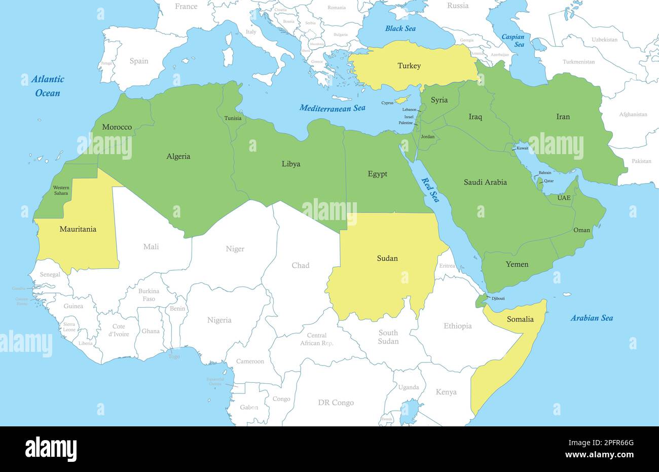 Mappa a colori politica della regione MENA con i confini degli stati. Medio Oriente e Nord Africa Illustrazione Vettoriale