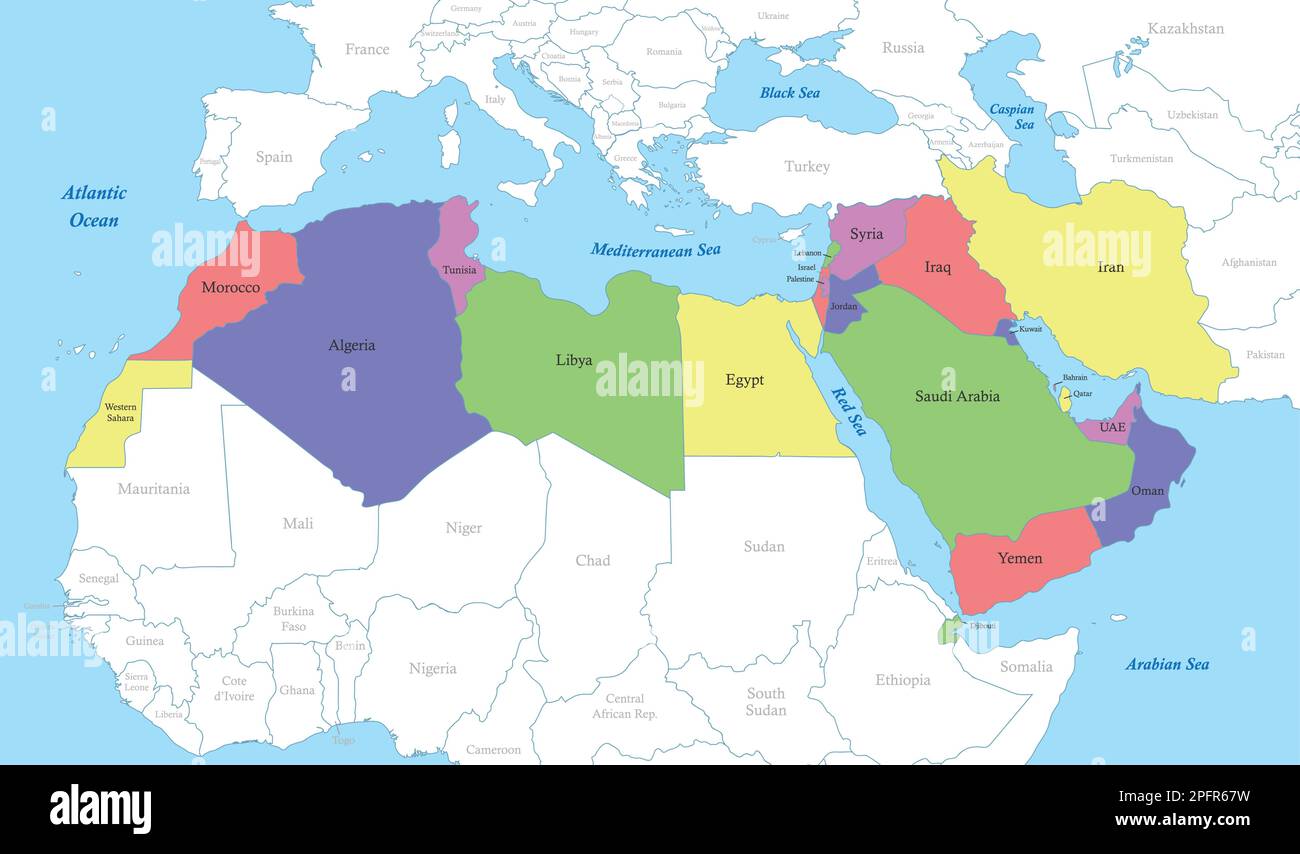 Mappa a colori politica della regione MENA con i confini degli stati. Medio Oriente e Nord Africa Illustrazione Vettoriale