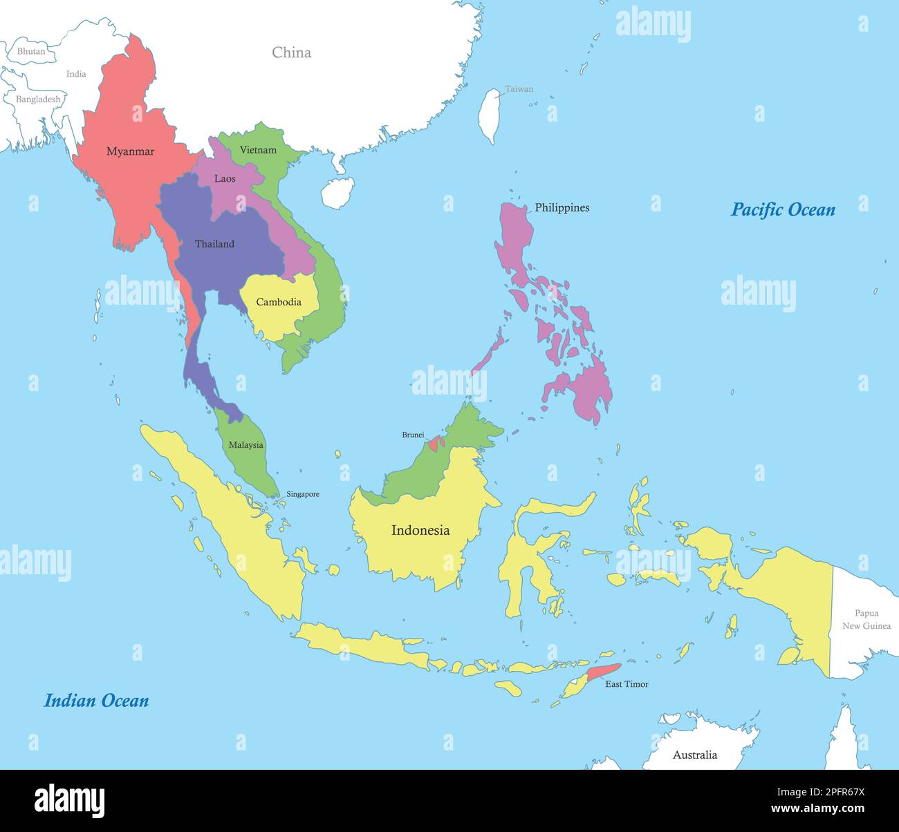 Mappa a colori politica dell'Asia sudorientale con i confini degli stati. Illustrazione Vettoriale
