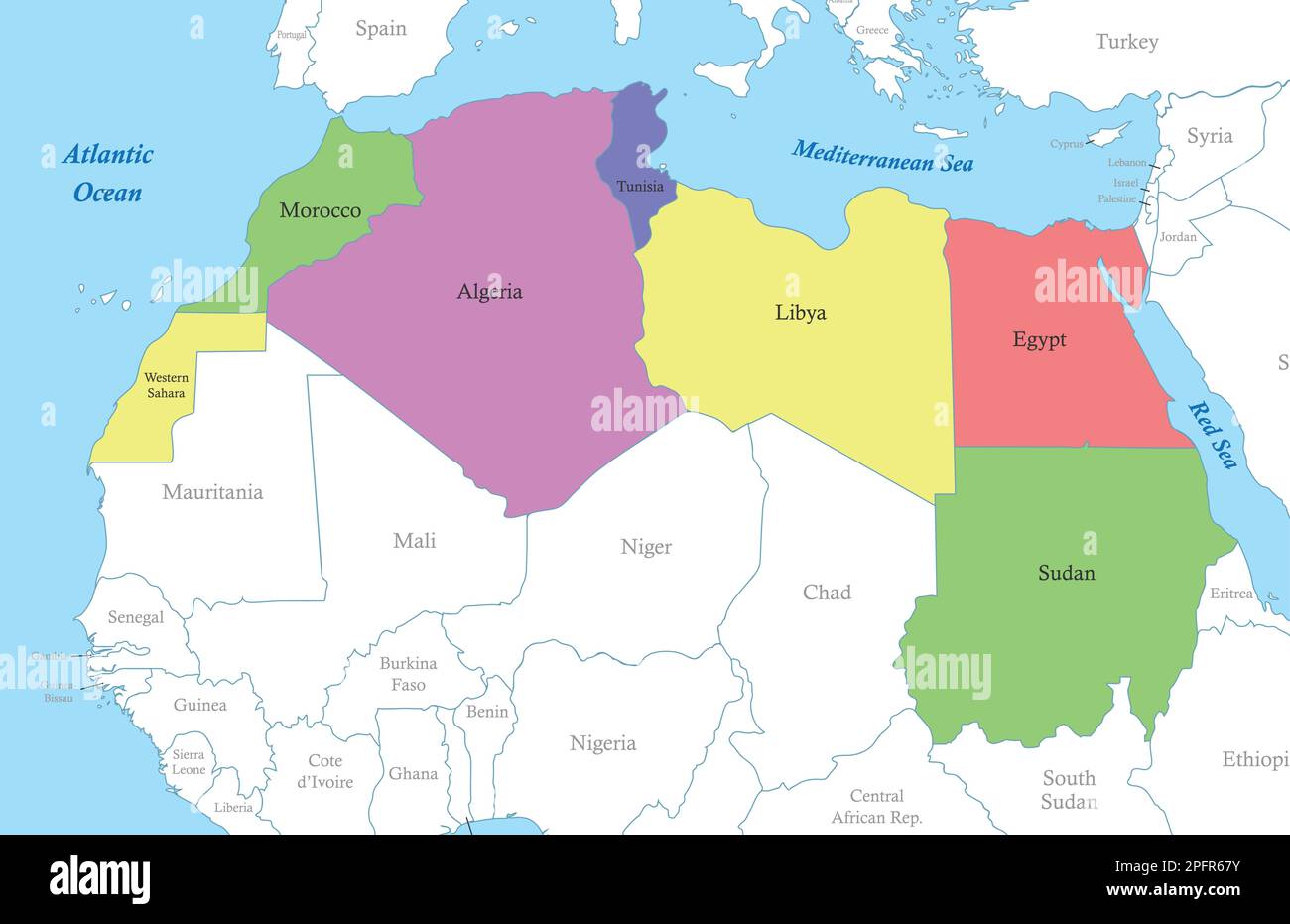 Mappa a colori politica del Nord Africa con i confini degli stati. Illustrazione Vettoriale