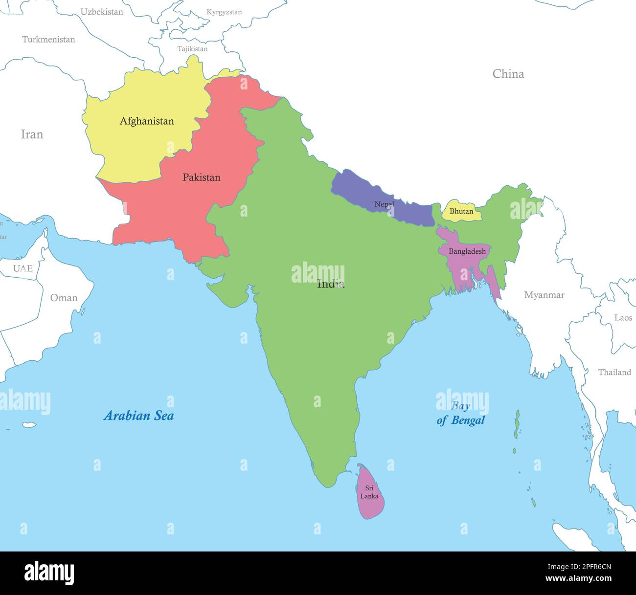 Mappa a colori politica dell'Asia meridionale con i confini degli stati. Illustrazione Vettoriale