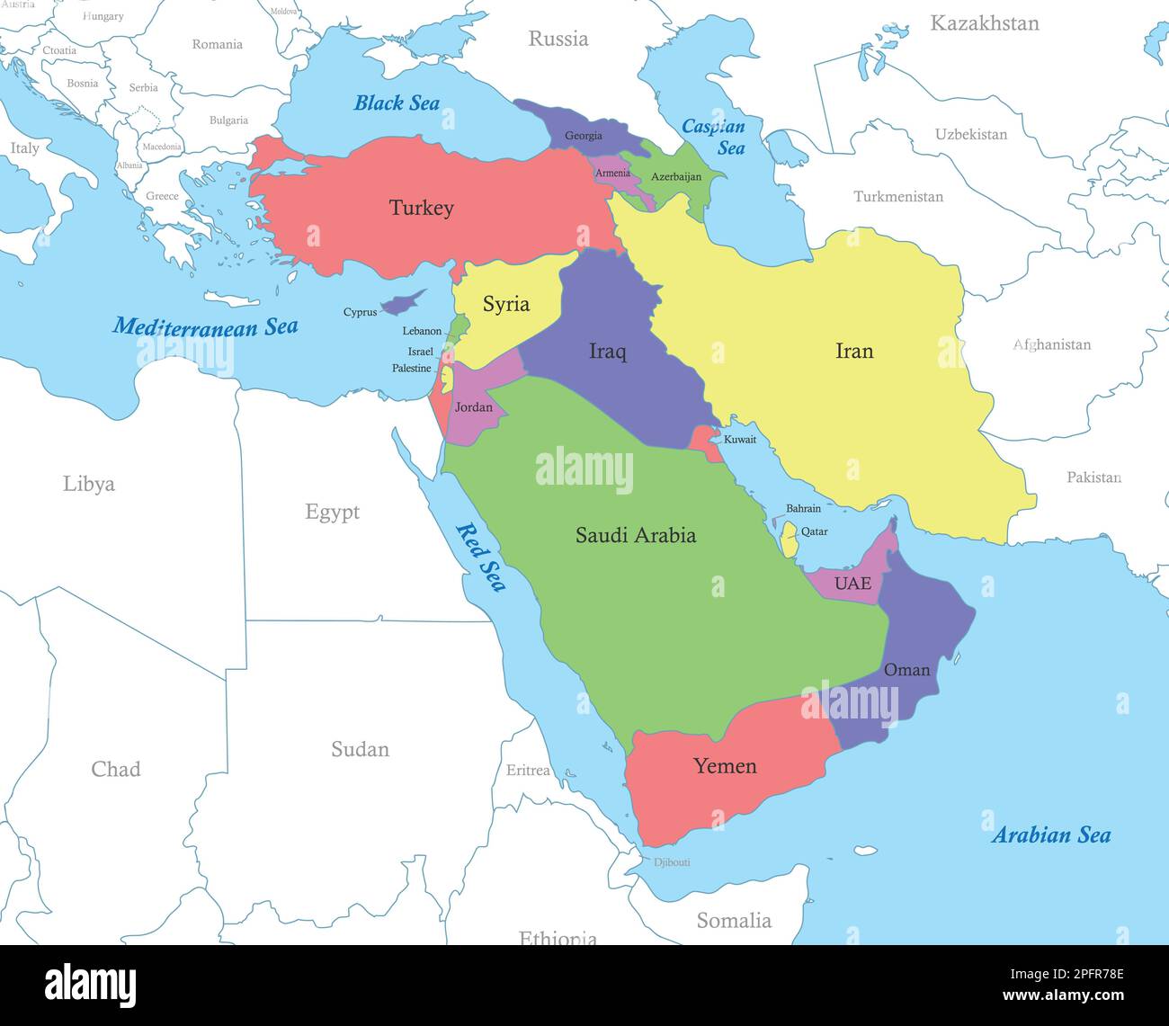 Mappa a colori politica dell'Asia occidentale con i confini degli stati. Illustrazione Vettoriale