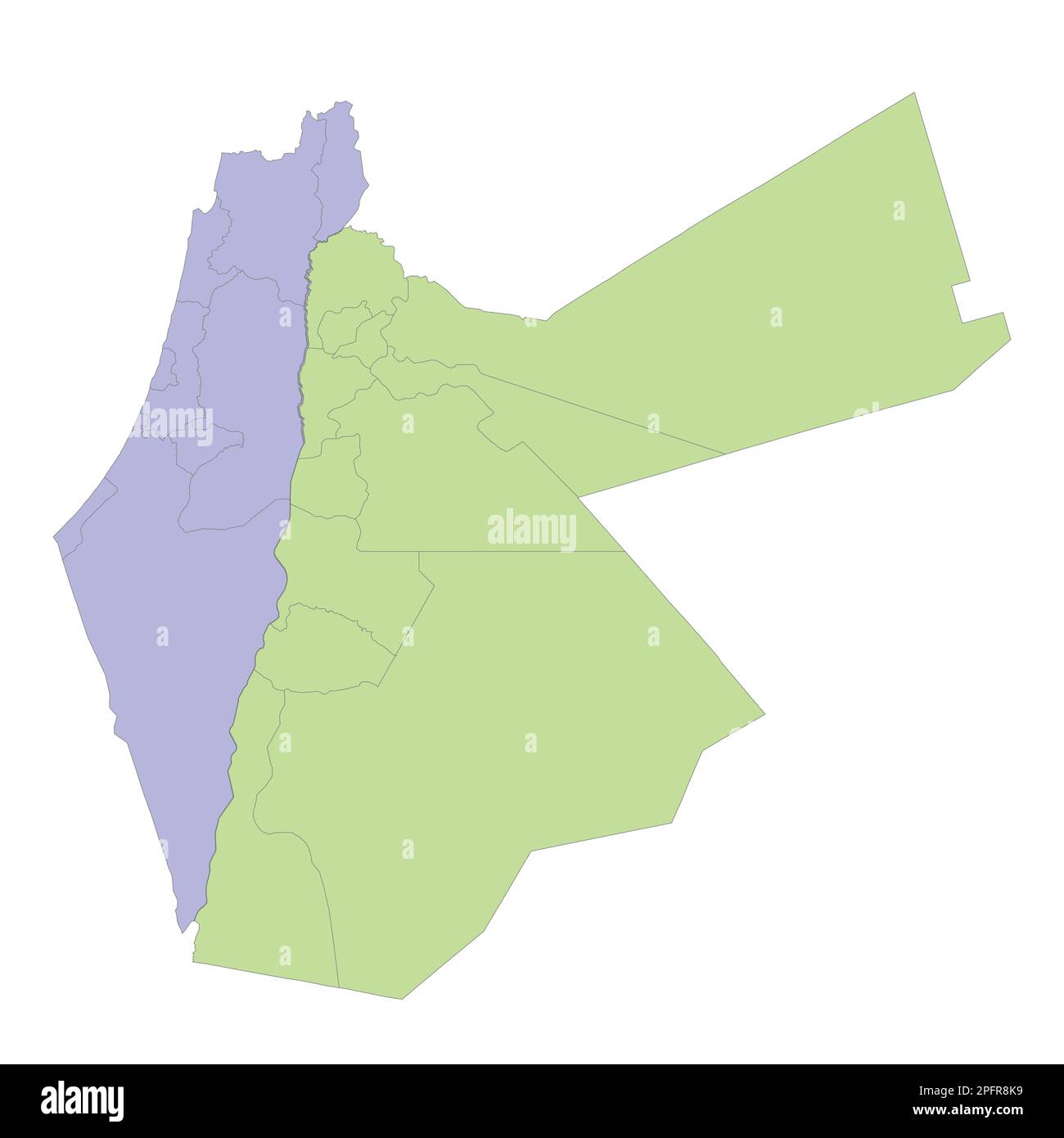 Mappa politica di alta qualità di Israele e Giordania con i confini delle regioni o province. Illustrazione vettoriale Illustrazione Vettoriale