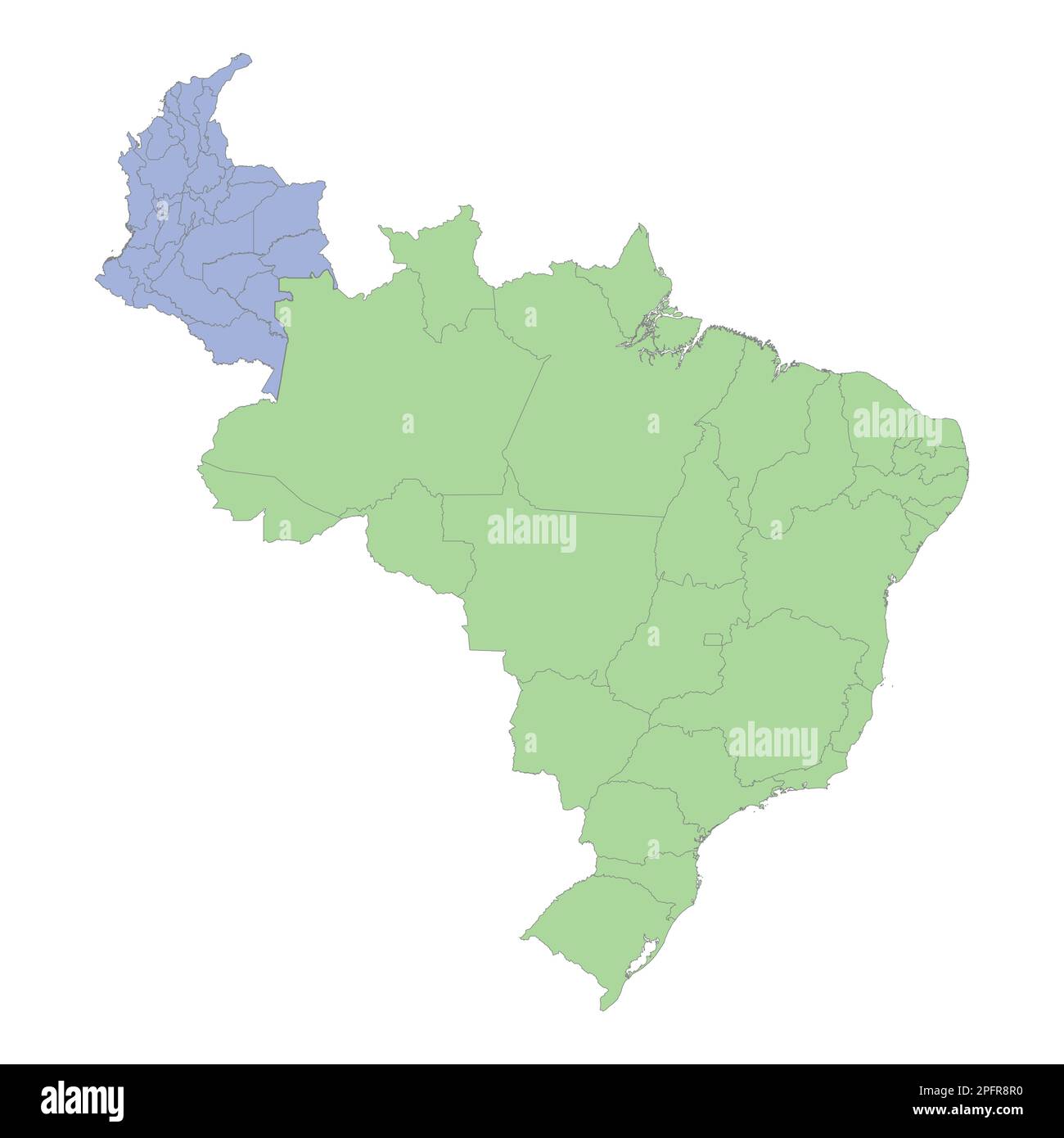 Mappa politica di alta qualità del Brasile e della Colombia con i confini delle regioni o province. Illustrazione vettoriale Illustrazione Vettoriale