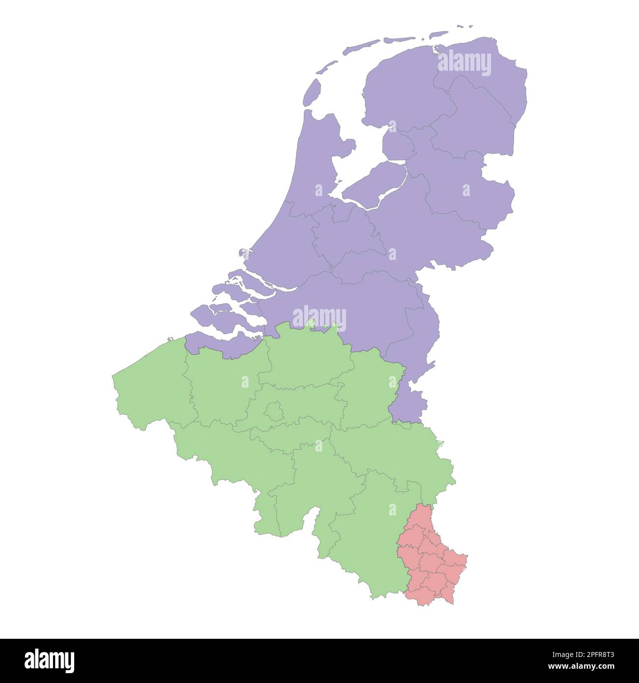 Mappa politica di alta qualità del Belgio, dei Paesi Bassi e del Lussemburgo con confini delle regioni o delle province. Illustrazione vettoriale Illustrazione Vettoriale