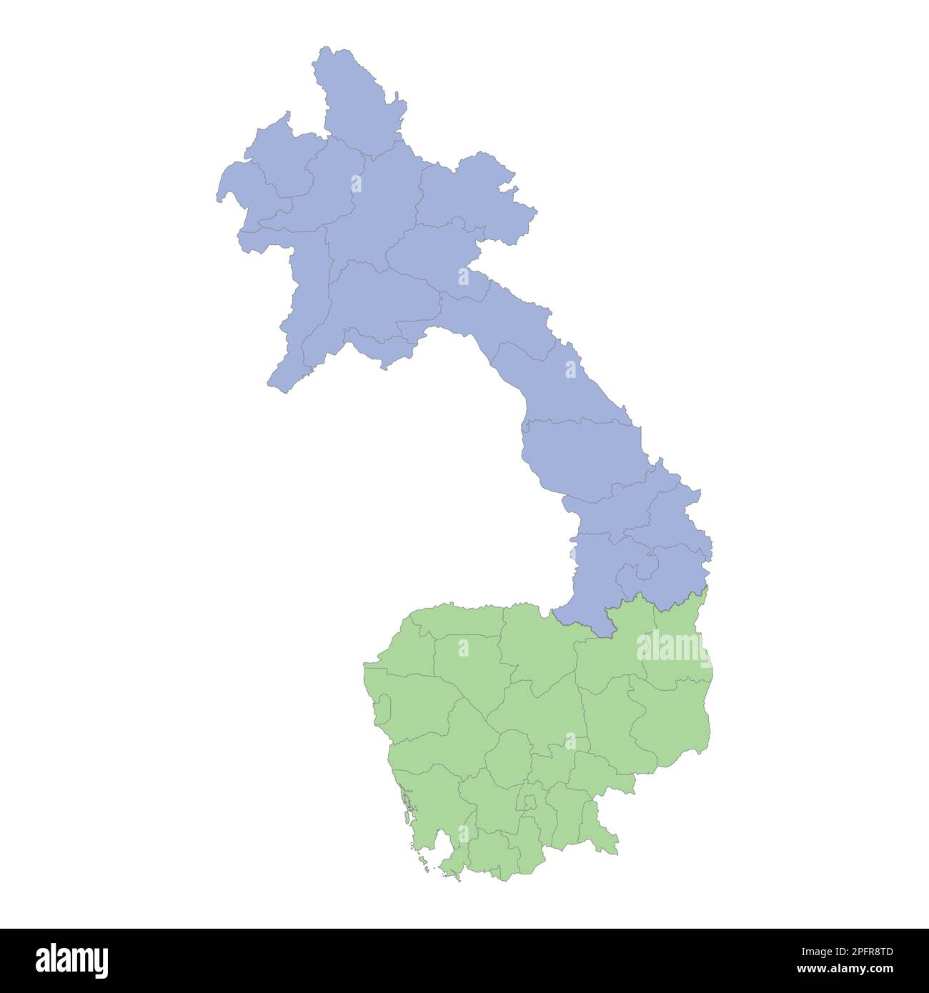 Mappa politica di alta qualità della Cambogia e del Laos con i confini delle regioni o province. Illustrazione vettoriale Illustrazione Vettoriale