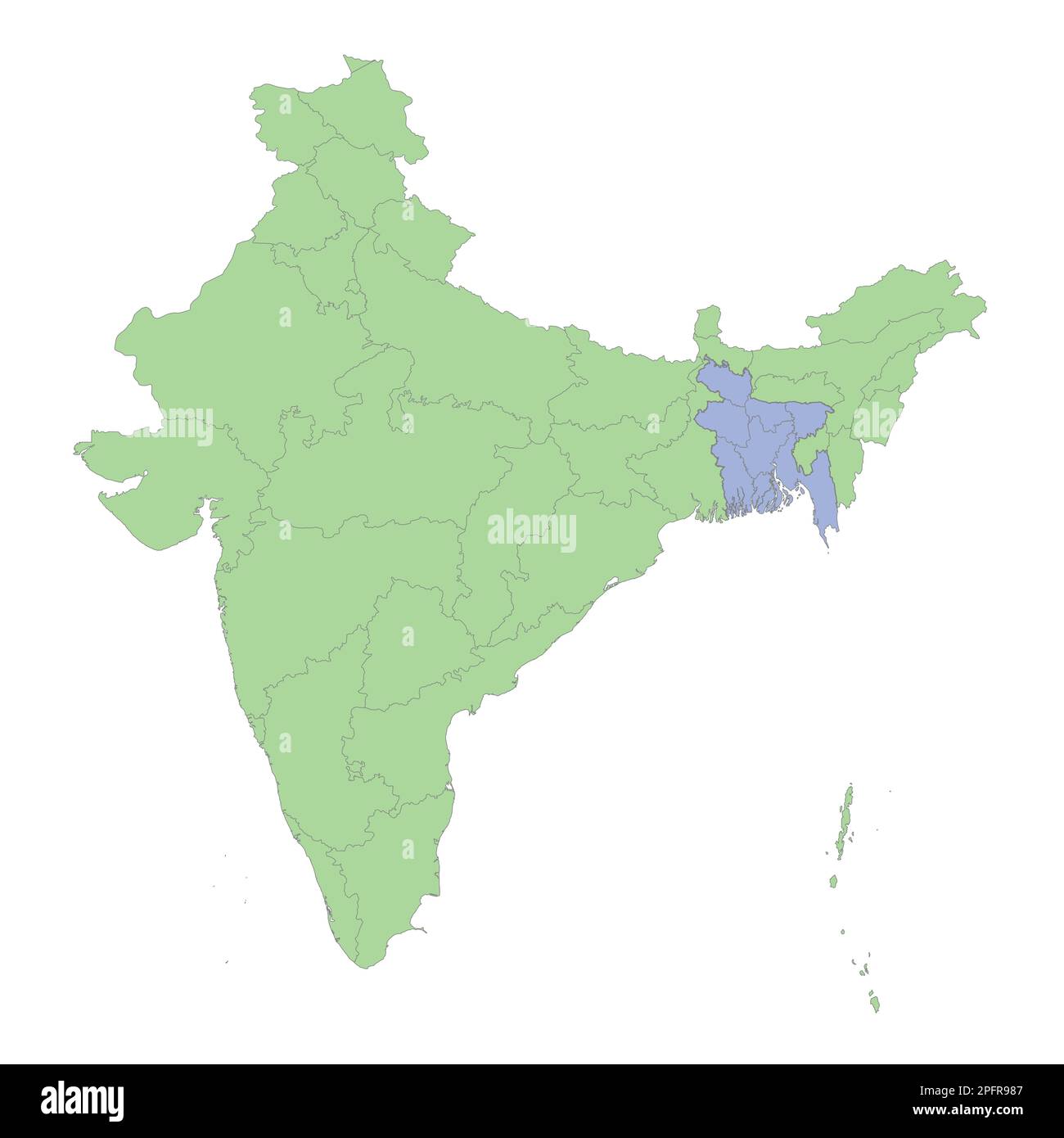Mappa politica di alta qualità di India e Bangladesh con i confini delle regioni o province. Illustrazione vettoriale Illustrazione Vettoriale