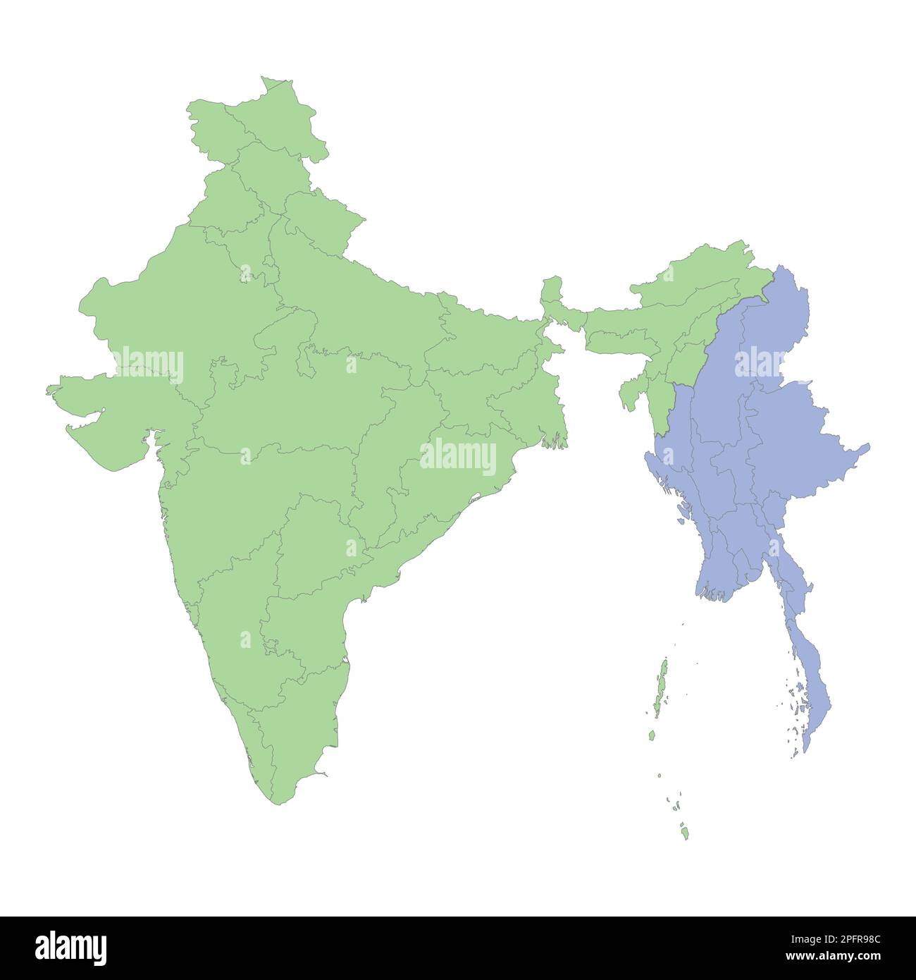 Mappa politica di alta qualità di India e Myanmar con i confini delle regioni o province. Illustrazione vettoriale Illustrazione Vettoriale