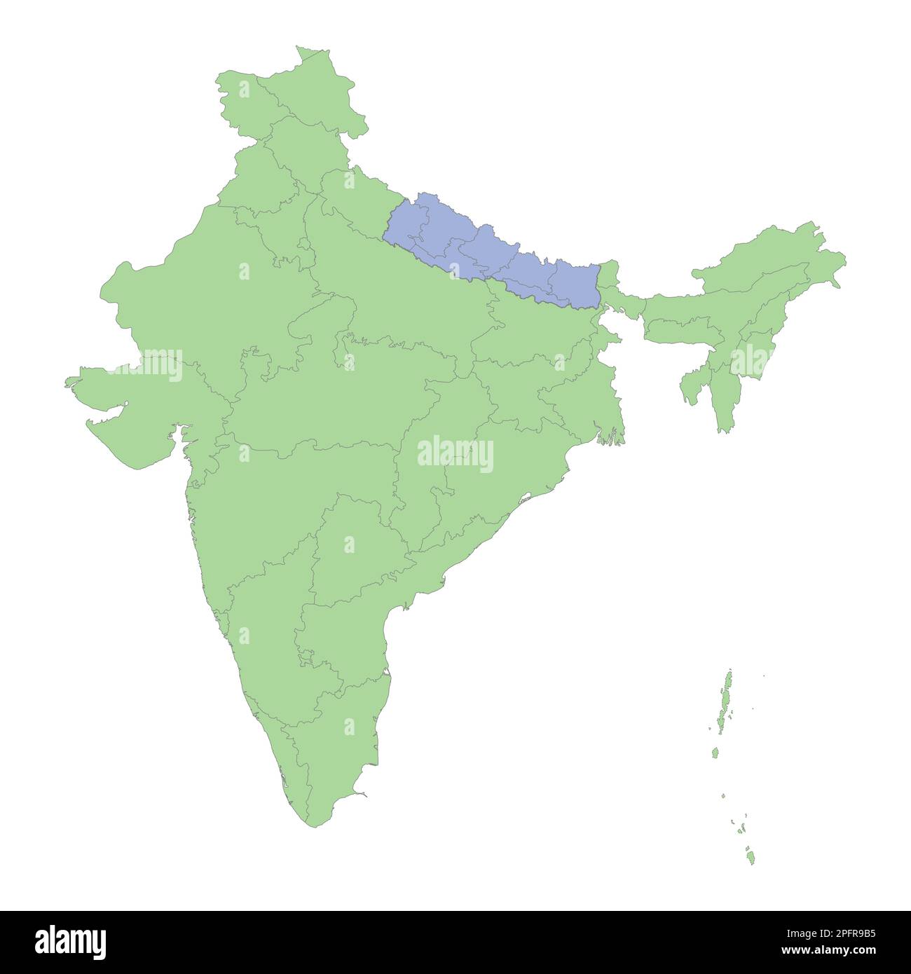 Mappa politica di alta qualità di India e Nepal con i confini delle regioni o province. Illustrazione vettoriale Illustrazione Vettoriale