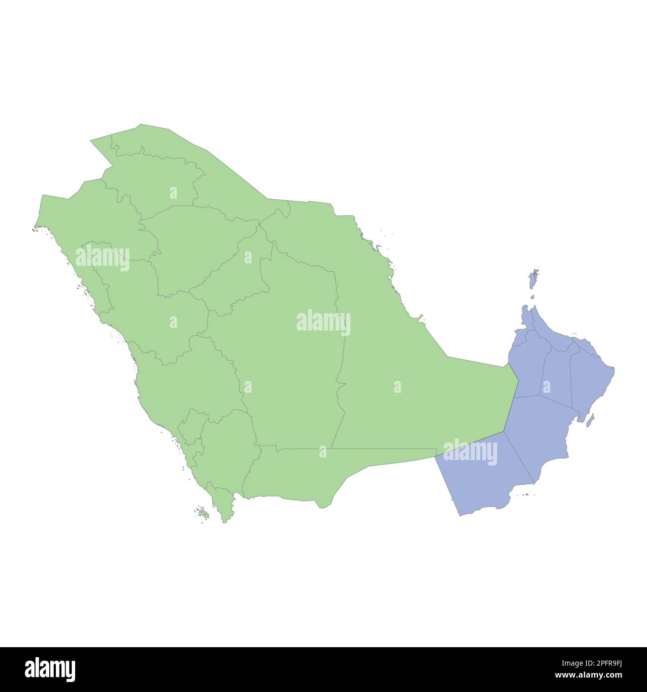 Mappa politica di alta qualità dell'Arabia Saudita e dell'Oman con i confini delle regioni o delle province. Illustrazione vettoriale Illustrazione Vettoriale