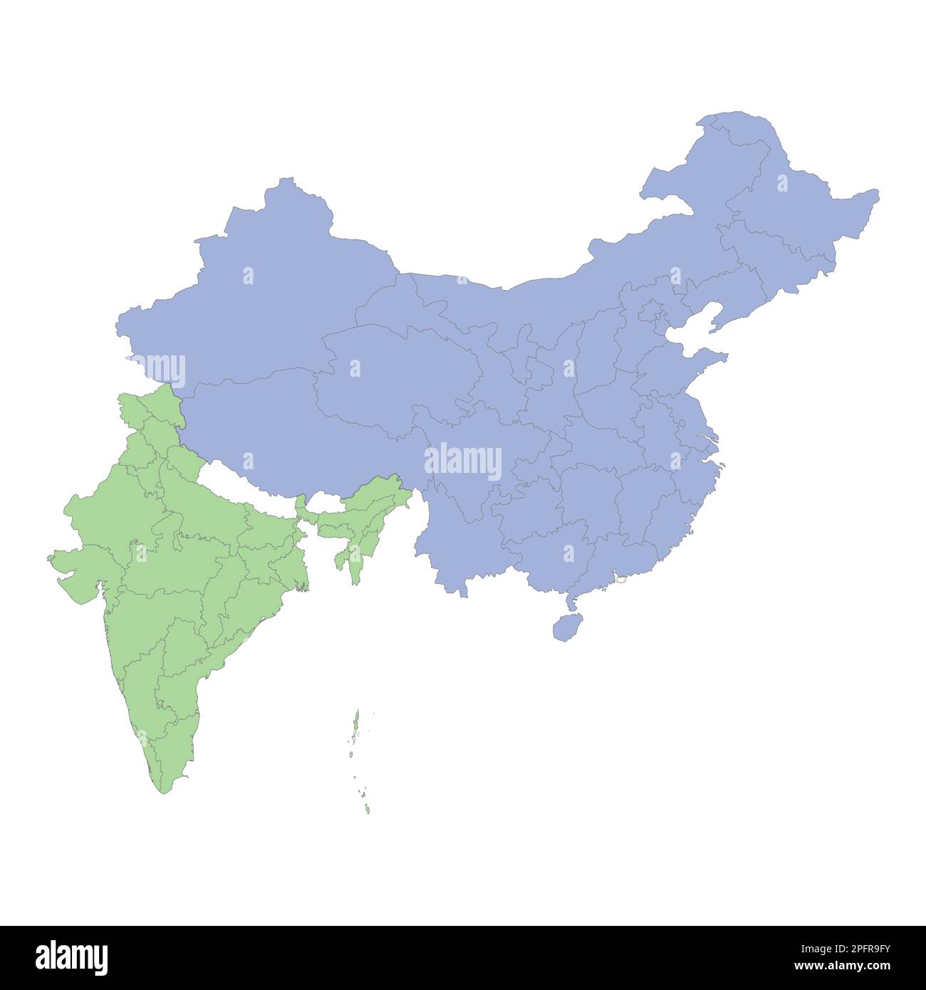 Mappa politica di alta qualità di Cina e India con i confini delle regioni o province. Illustrazione vettoriale Illustrazione Vettoriale