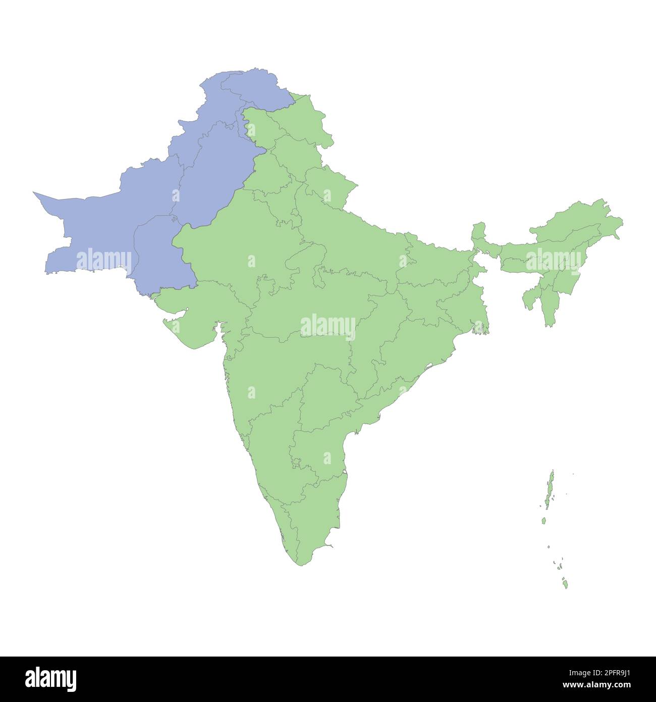 Mappa politica di alta qualità di India e Pakistan con i confini delle regioni o province. Illustrazione vettoriale Illustrazione Vettoriale