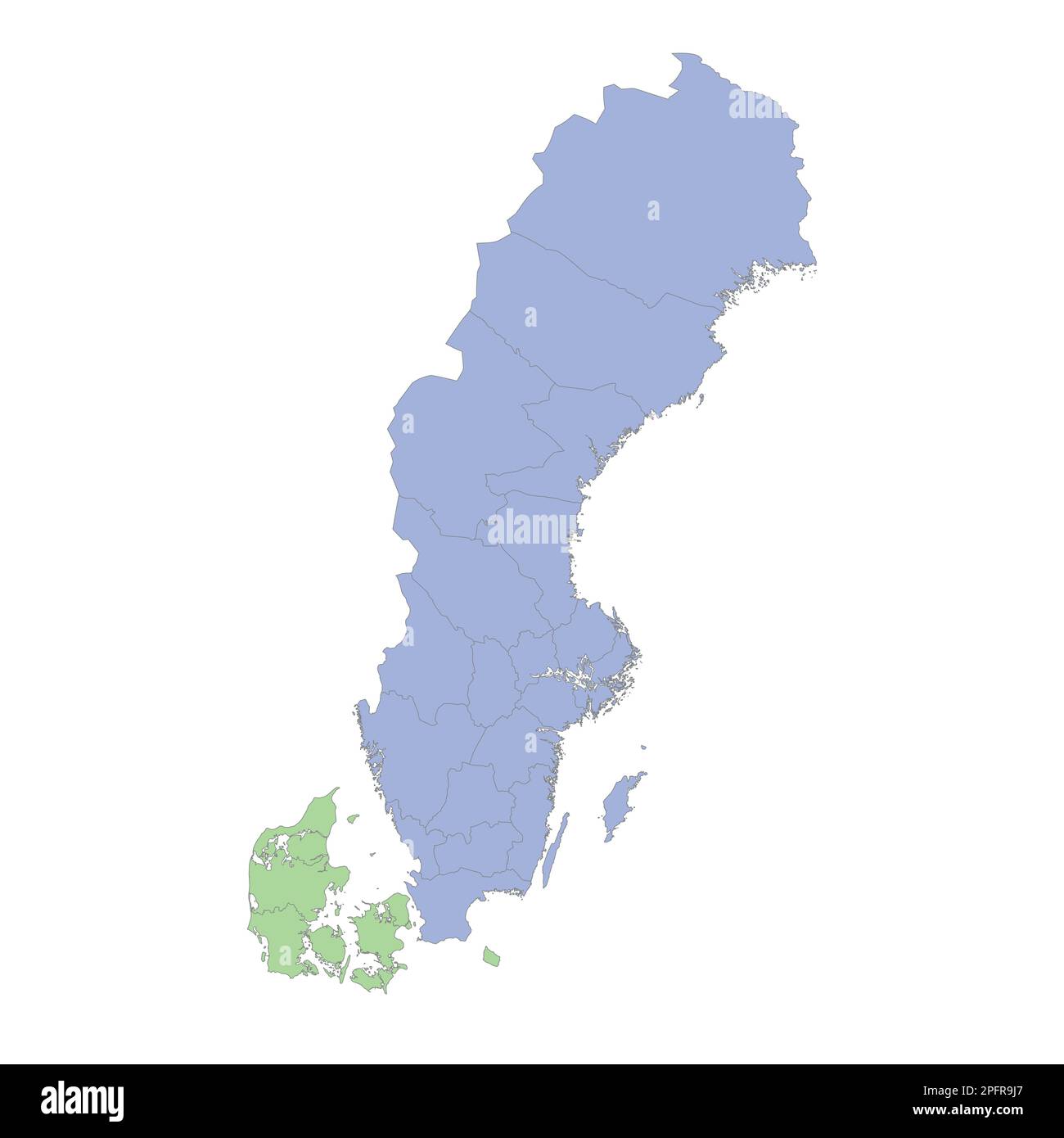 Mappa politica di alta qualità della Svezia e della Danimarca con i confini delle regioni o delle province. Illustrazione vettoriale Illustrazione Vettoriale