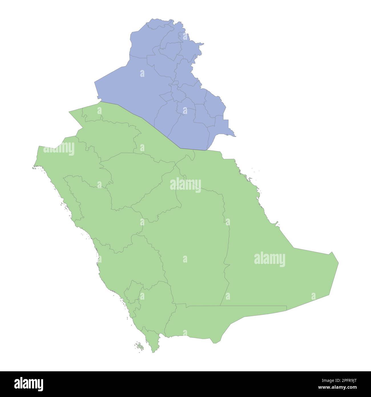 Mappa politica di alta qualità dell'Arabia Saudita e dell'Iraq con i confini delle regioni o delle province. Illustrazione vettoriale Illustrazione Vettoriale