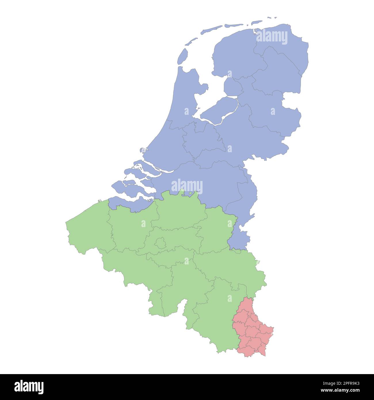 Mappa politica di alta qualità del Belgio e dei Paesi Bassi con i confini delle regioni o delle province. Illustrazione vettoriale Illustrazione Vettoriale