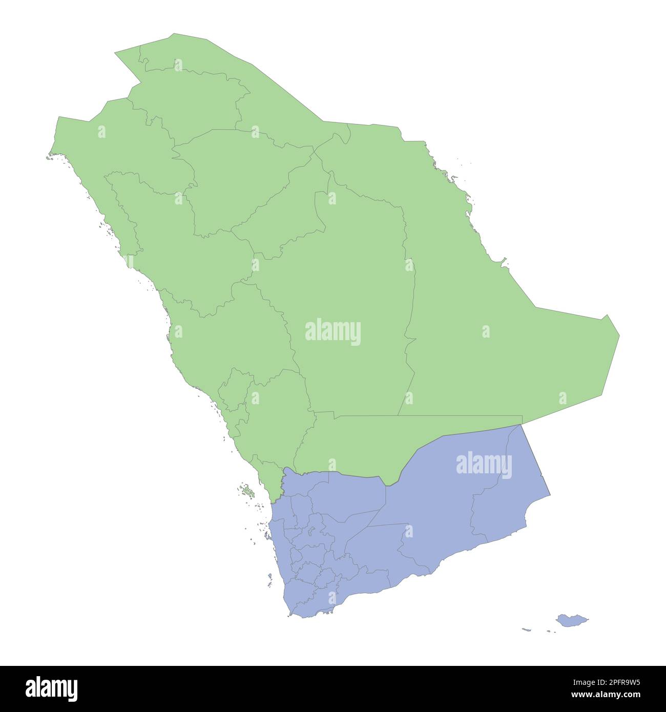 Mappa politica di alta qualità dell'Arabia Saudita e dello Yemen con i confini delle regioni o delle province. Illustrazione vettoriale Illustrazione Vettoriale