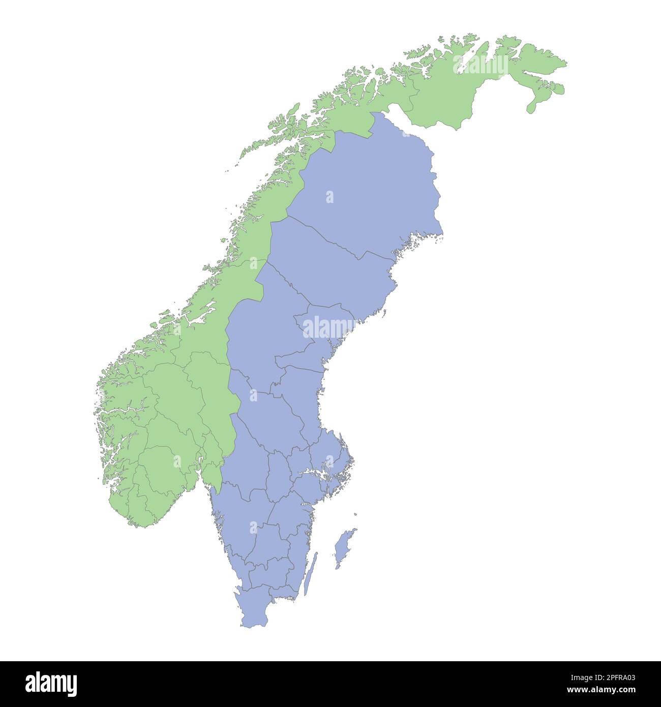 Mappa politica di alta qualità della Svezia e della Norvegia con i confini delle regioni o delle province. Illustrazione vettoriale Illustrazione Vettoriale