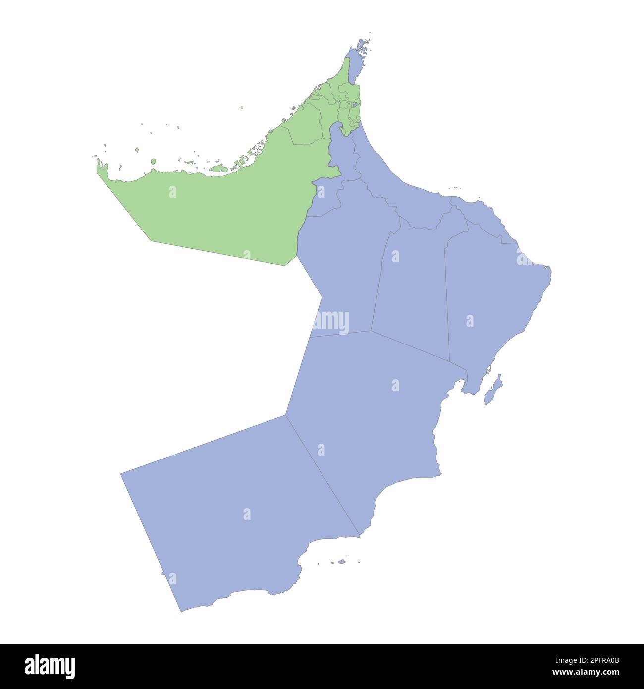 Mappa politica di alta qualità degli Emirati Arabi Uniti e dell'Oman con i confini delle regioni o delle province. Illustrazione vettoriale Illustrazione Vettoriale