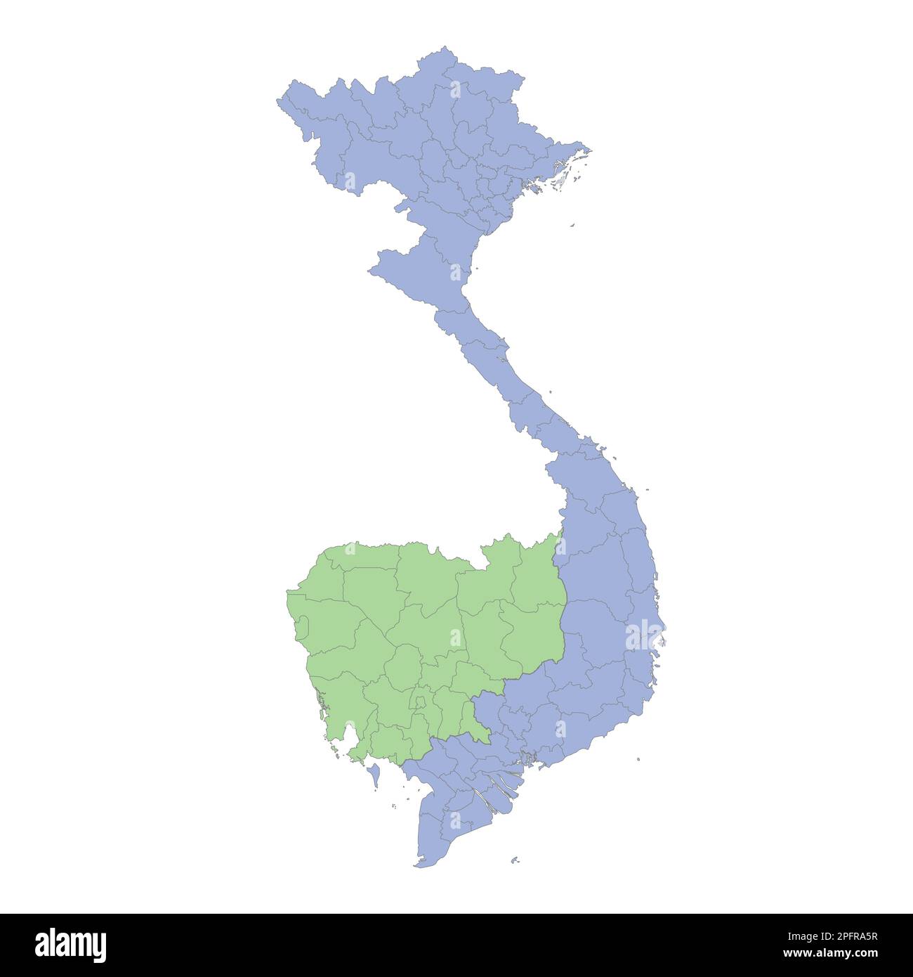Mappa politica di alta qualità del Vietnam e della Cambogia con i confini delle regioni o province. Illustrazione vettoriale Illustrazione Vettoriale