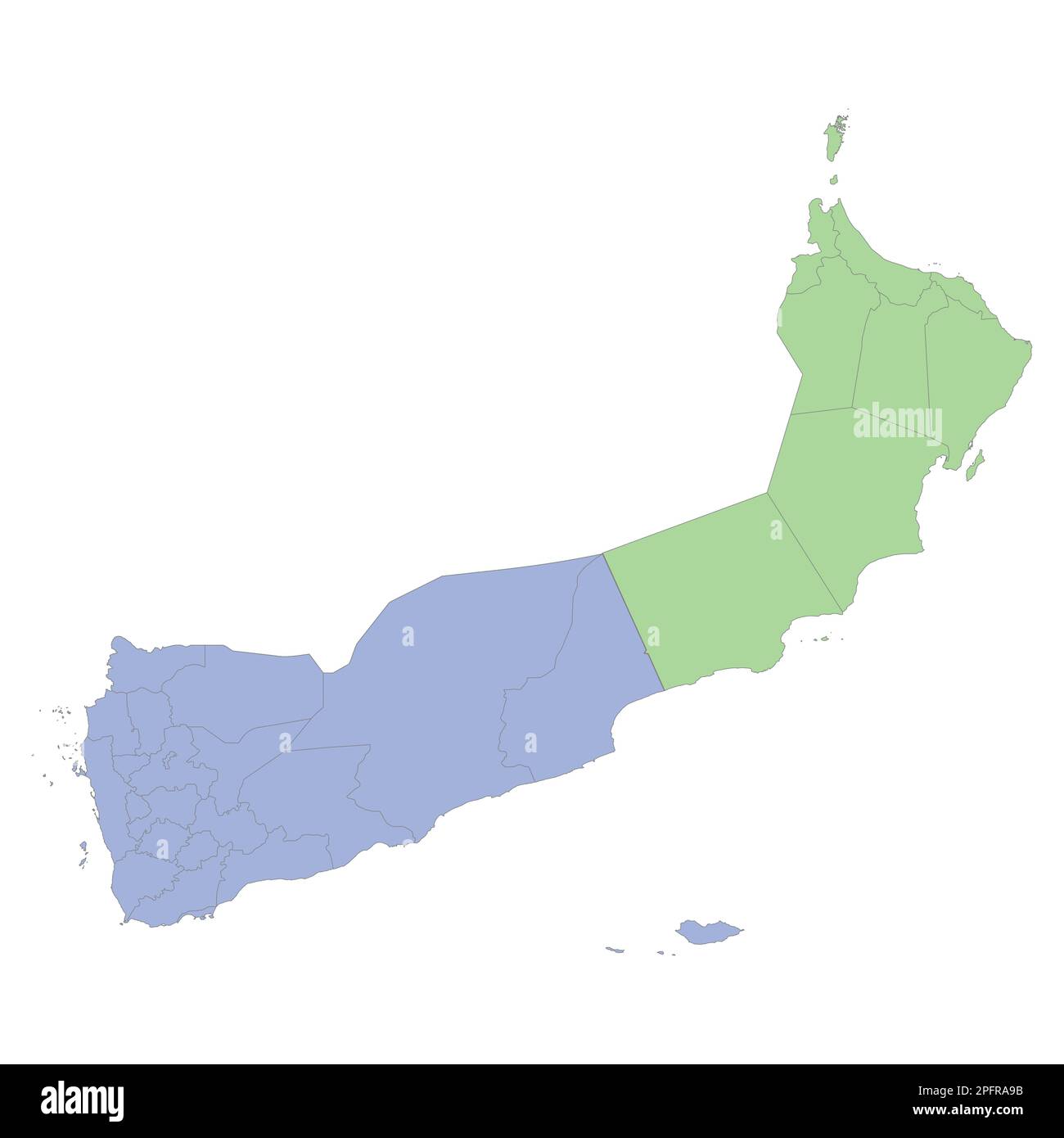 Mappa politica di alta qualità dello Yemen e dell'Oman con i confini delle regioni o delle province. Illustrazione vettoriale Illustrazione Vettoriale