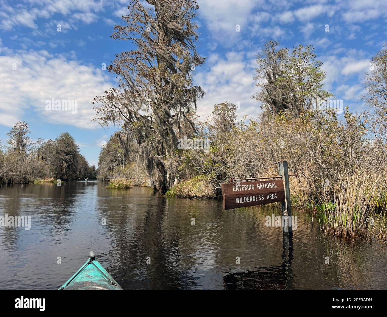 Kayak lungo i sentieri segnati nell'Okefenokee National Wildlife Refuge, il più grande sciame delle acque nere del Nord America e sede di una varietà di fauna selvatica, tra cui al. Foto Stock