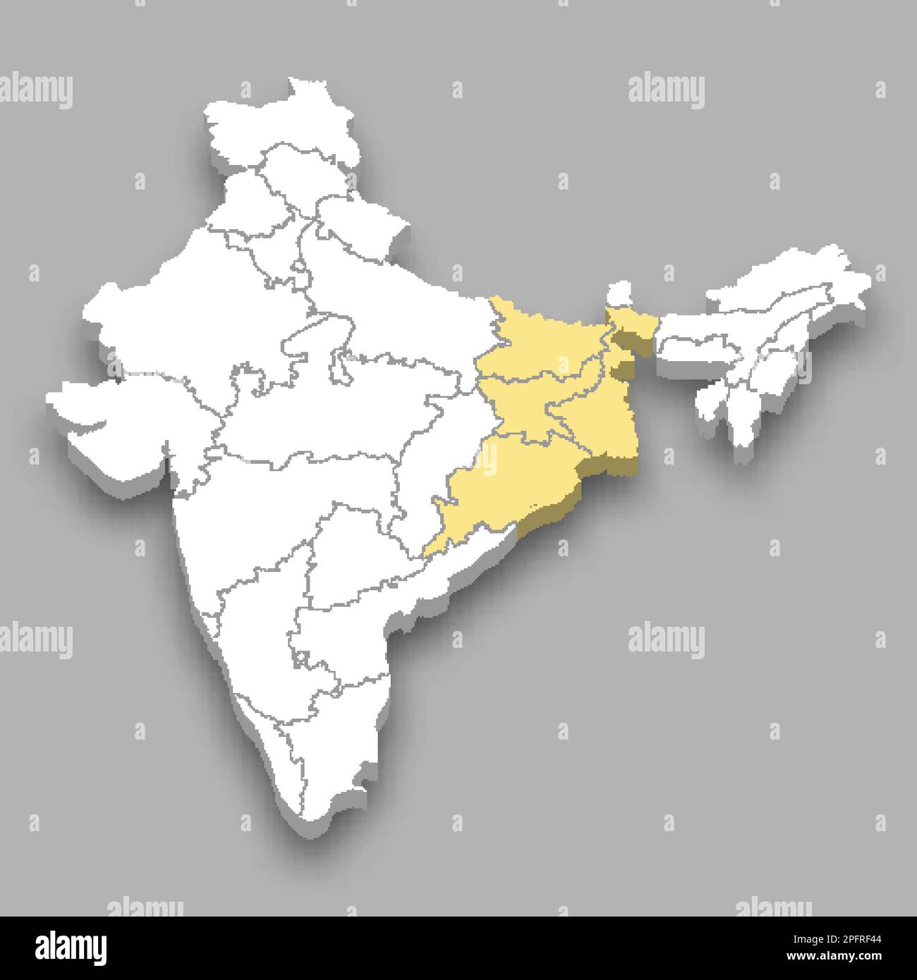 Posizione nella zona orientale all'interno della mappa isometrica dell'India 3D Illustrazione Vettoriale
