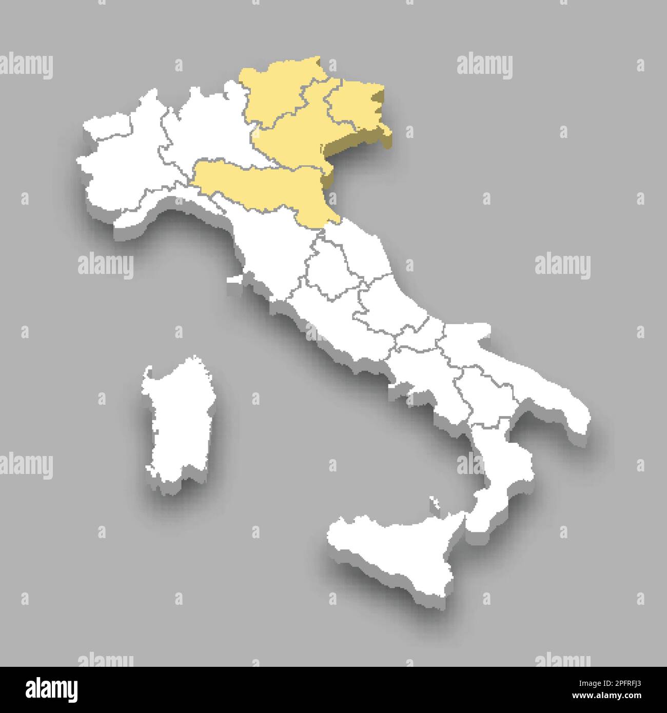 Posizione della regione nord-orientale all'interno dell'Italia mappa isometrica 3D Illustrazione Vettoriale