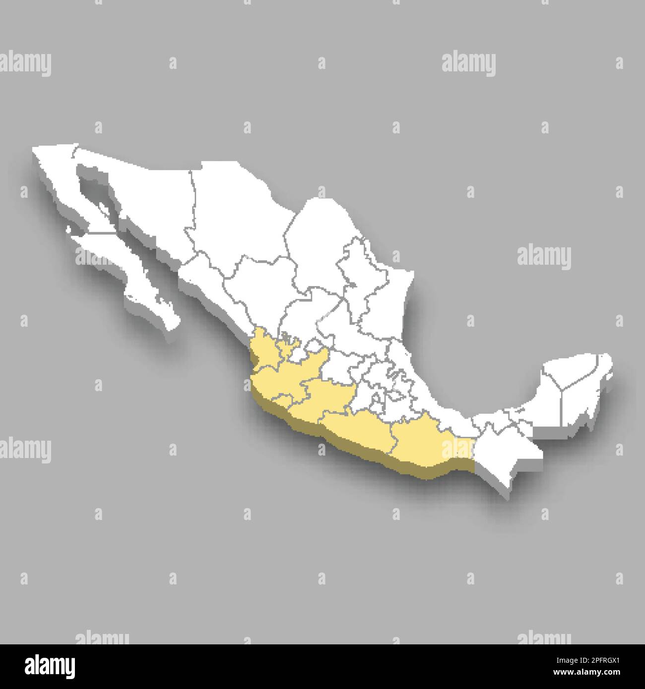 Posizione della regione della costa del Pacifico all'interno della mappa isometrica del Messico 3D Illustrazione Vettoriale