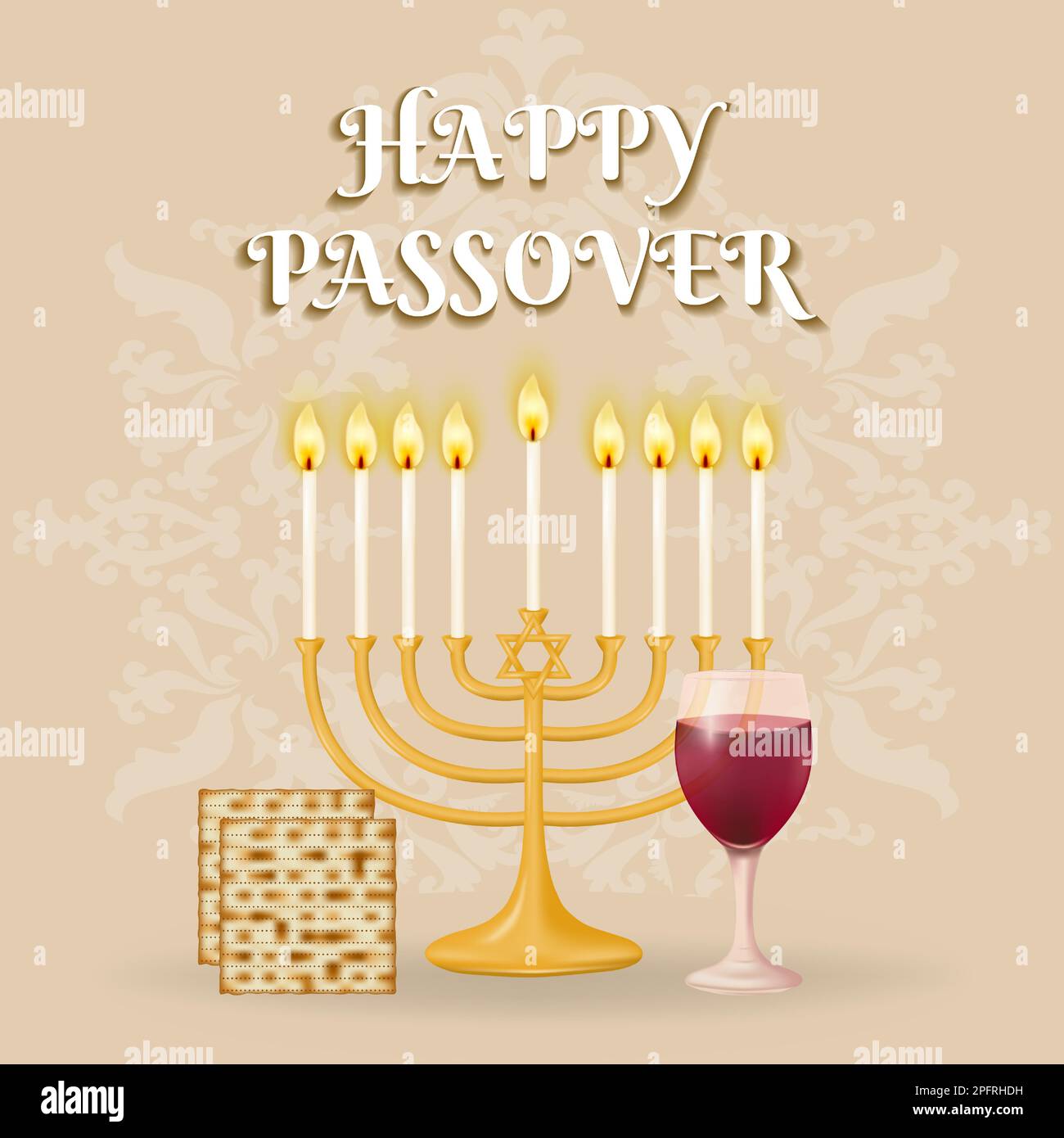 Augurandovi una gioiosa festa pasquale! Questo sfondo festoso mostra il Menorah, matzah, matzo, e un bicchiere di vino rosso su un bellissimo Illustrazione Vettoriale