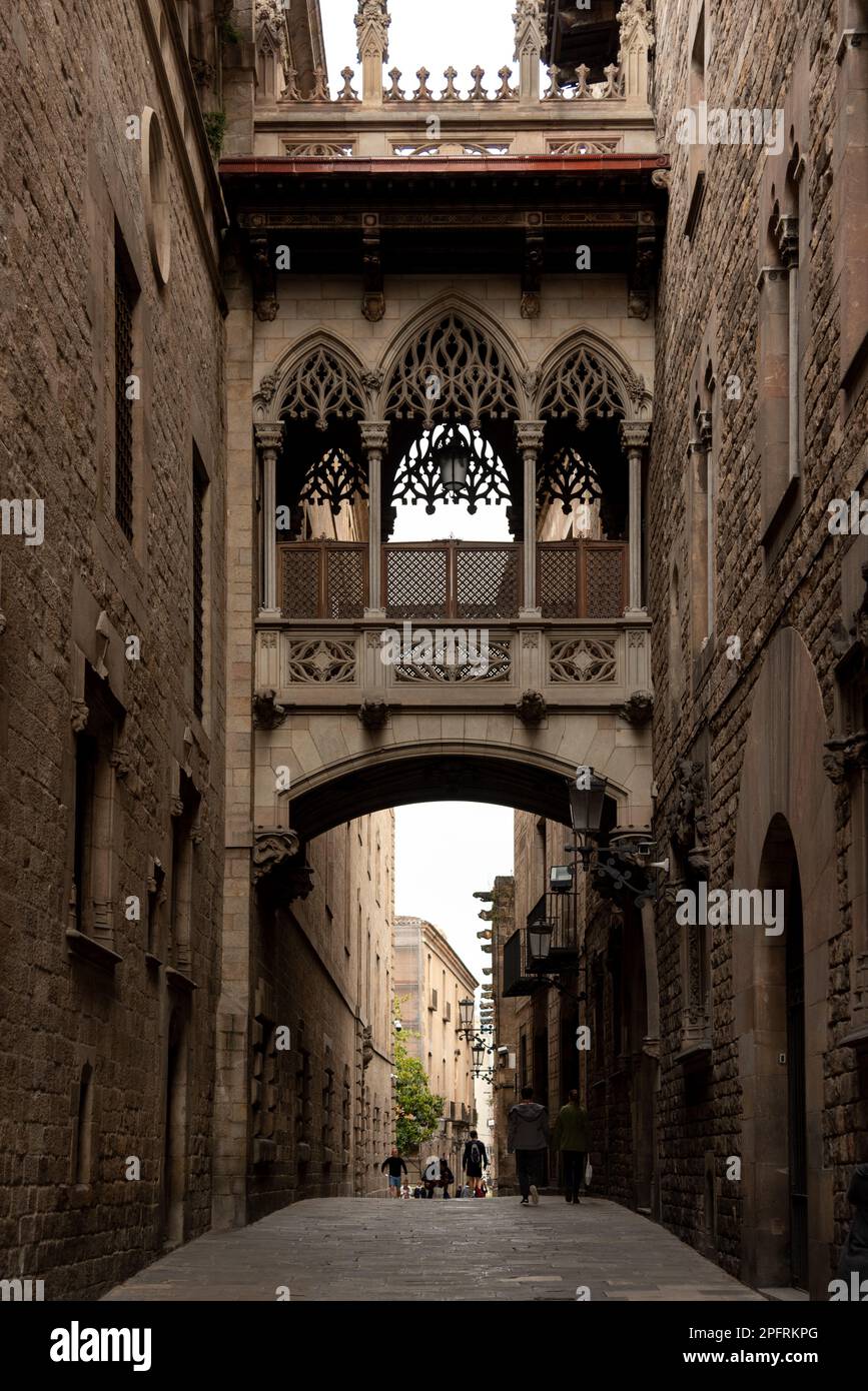 Il quartiere Gotico di Barcellona, Spagna, è immerso nella storia, con stradine strette che conducono a piazze nascoste e monumenti antichi Foto Stock