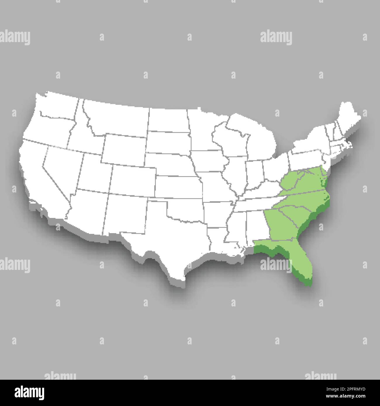 Divisione Sud Atlantico posizione all'interno degli Stati Uniti 3D mappa isometrica Illustrazione Vettoriale