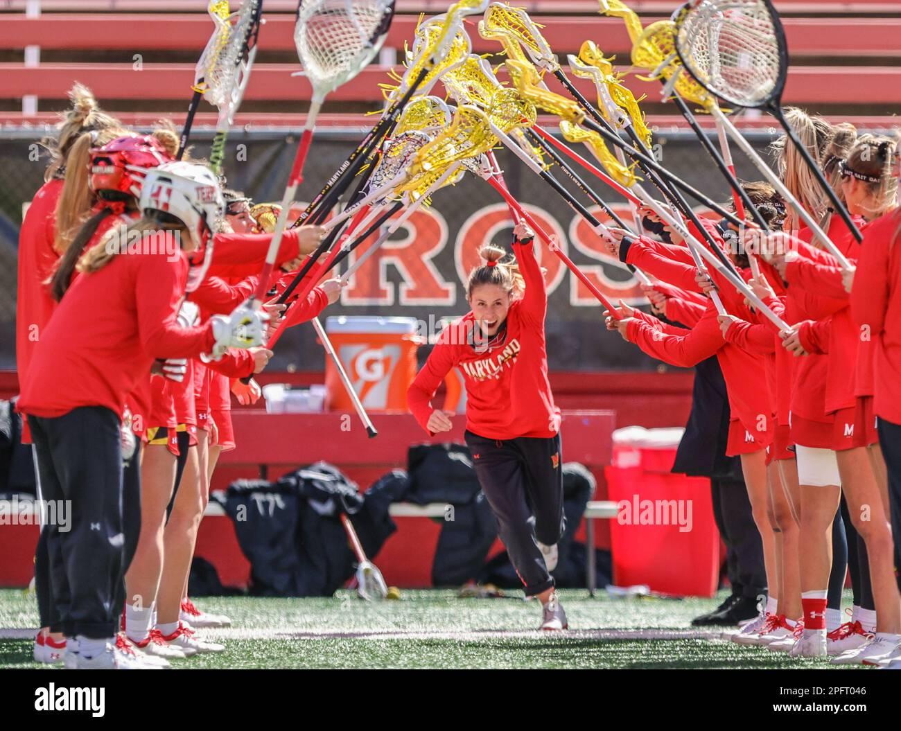 18 marzo 2023: La linea di partenza del Maryland viene presentata prima di una partita di Lacrosse femminile NCAA tra i Maryland Terrapins e i Rutgers Scarlet Knights allo SHI Stadium di Piscataway, N.J. Mike Langish/Cal Sport Media. Foto Stock