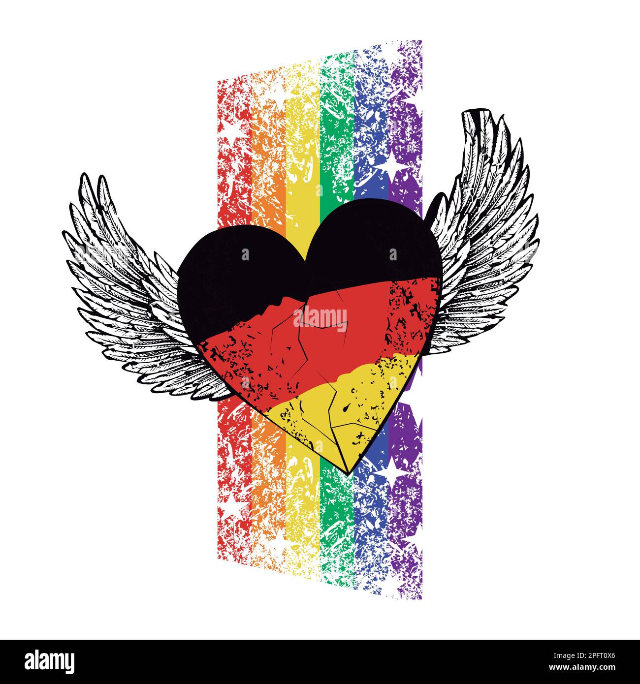 T-shirt di un cuore alato con i colori della bandiera tedesca. Arcobaleno verticale. Illustrazione per il giorno dell'orgoglio gay in un paese europeo. Illustrazione Vettoriale