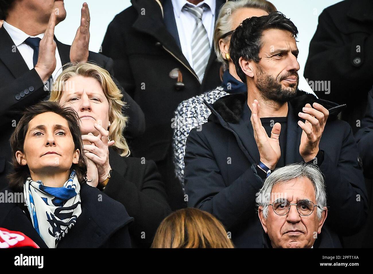 Saint Denis, Francia. 18th Mar, 2023. Il Ministro francese dello Sport Amelie OUDEA-CASTERA, Presidente del Comitato olimpico nazionale francese (CNOSF) Brigitte HENRIQUES e Presidente del Comitato organizzatore dei Giochi olimpici e paraolimpici di Parigi del 2024 e dell'ex canoista francese Tony ESTANGUET durante la partita di rugby del 2023 tra Francia e Galles del 18 marzo, 2023 allo Stade de France a Saint-Denis vicino a Parigi, Francia - Foto Matthieu Mirville/DPPI Credit: DPPI Media/Alamy Live News Foto Stock