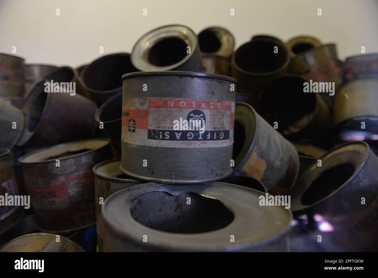 Lattine di gas velenoso Zyklon B, mostra, Stammlager i, campo di concentramento, Auschwitz-Birkenau, Auschwitz, Polonia Foto Stock
