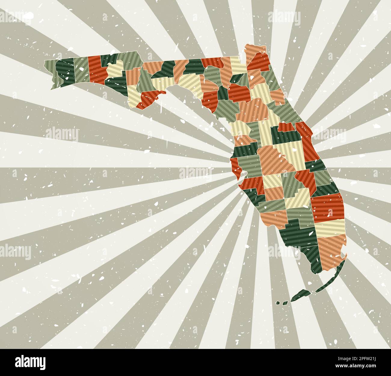 Mappa d'epoca della Florida. Poster grunge con mappa dello stato degli Stati Uniti nella tavolozza dei colori rétro. Forma della Florida con sfondo a raggi solari. Illustrazione Vettoriale