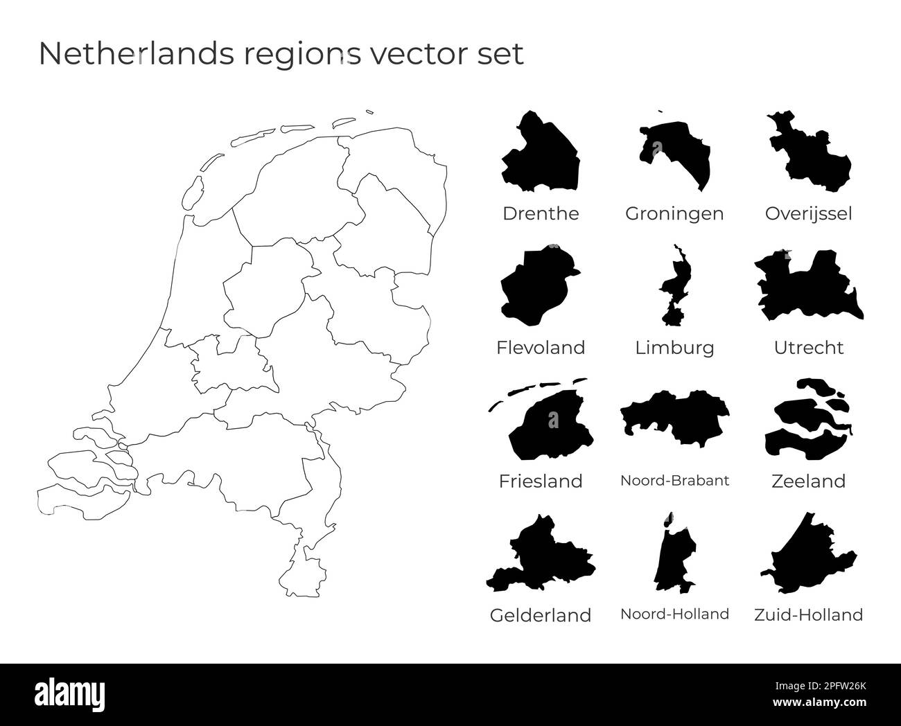 Mappa dei Paesi Bassi con forme delle regioni. Mappa vettoriale vuota del paese con regioni. Confini del paese per la vostra infografica. Illustrazione Vettoriale