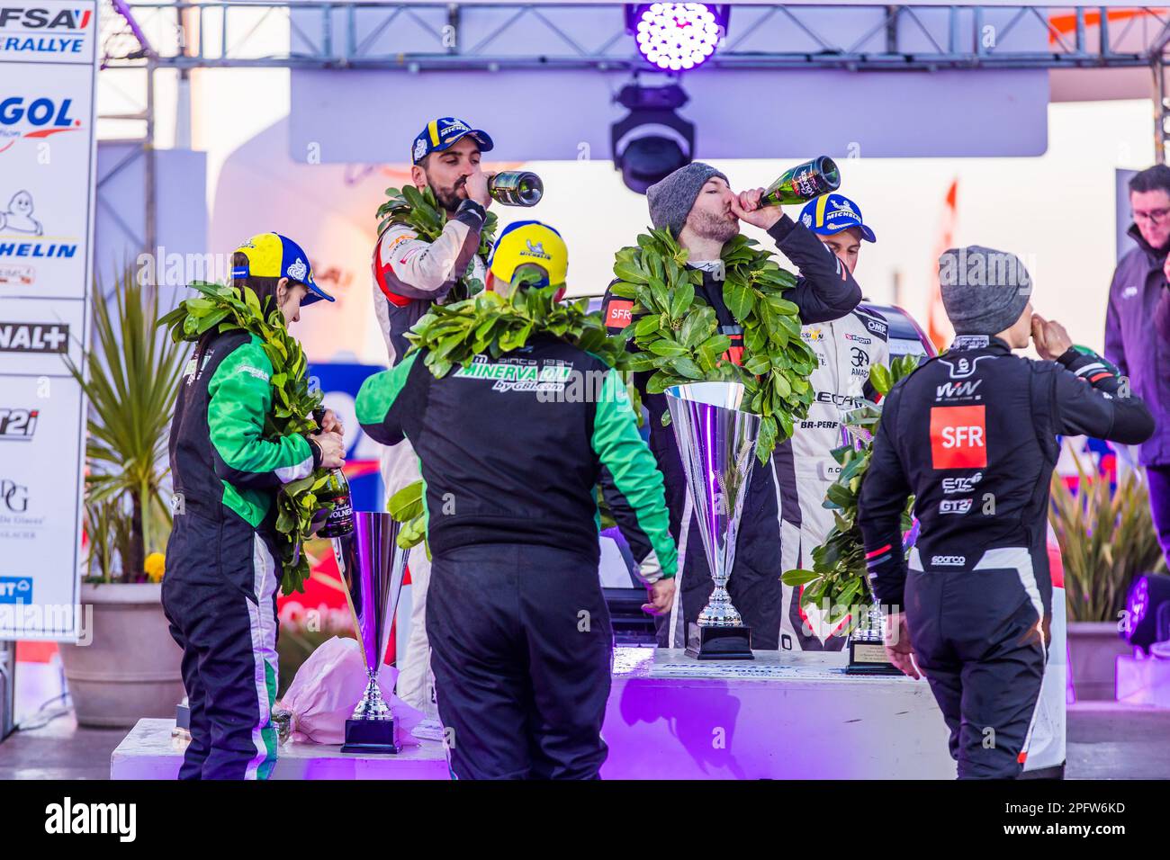 Le Touquet, Francia. 18th Mar, 2023. 02 CIAMIN Nicolas, ROCHE Yannick, Volkswagen Polo GTI Rally2, 10 CHAUFFRAY Thomas, CHAUFFRAY Pauline, Skoda Fabia Evo Rally2, 05 WAGNER William, BRONNER Kevin, Volkswagen Polo GTI Rally2, ambiance durante il Rallye du Touquet 2023, 1st° round del Championnat de France des Rallyes 2023, Dal 16 al 18 marzo a le Touquet, Francia - Foto Bastien Roux/DPPI Credit: DPPI Media/Alamy Live News Foto Stock