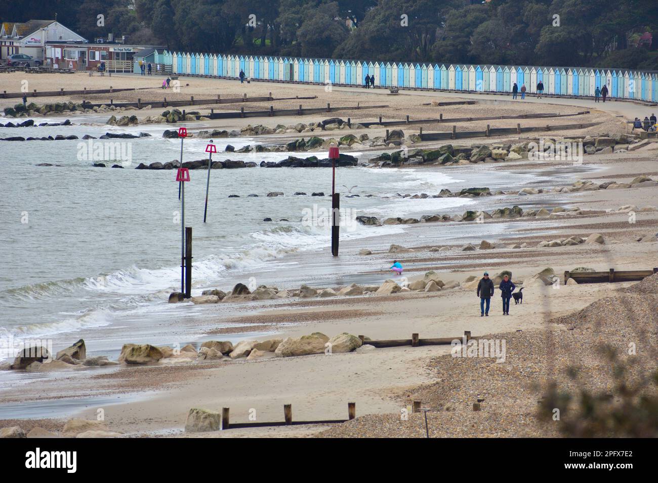 Coppia camminando un cane lungo la spiaggia di Avon con capanne sulla spiaggia che costeggiano il bordo dell'acqua. Foto Stock