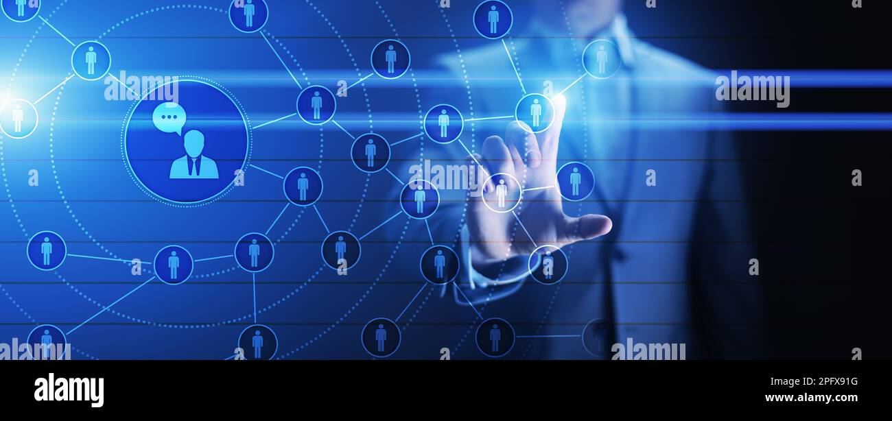 Piattaforma di social media, struttura di comunicazione con i clienti, SMM, Marketing. Internet e tecnologia aziendale. Foto Stock