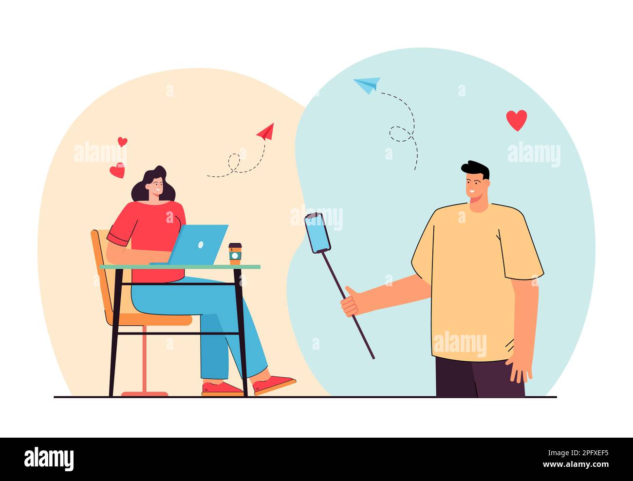 Gli amanti che chiacchierano attraverso i social network flat vettoriale illustrazione Illustrazione Vettoriale