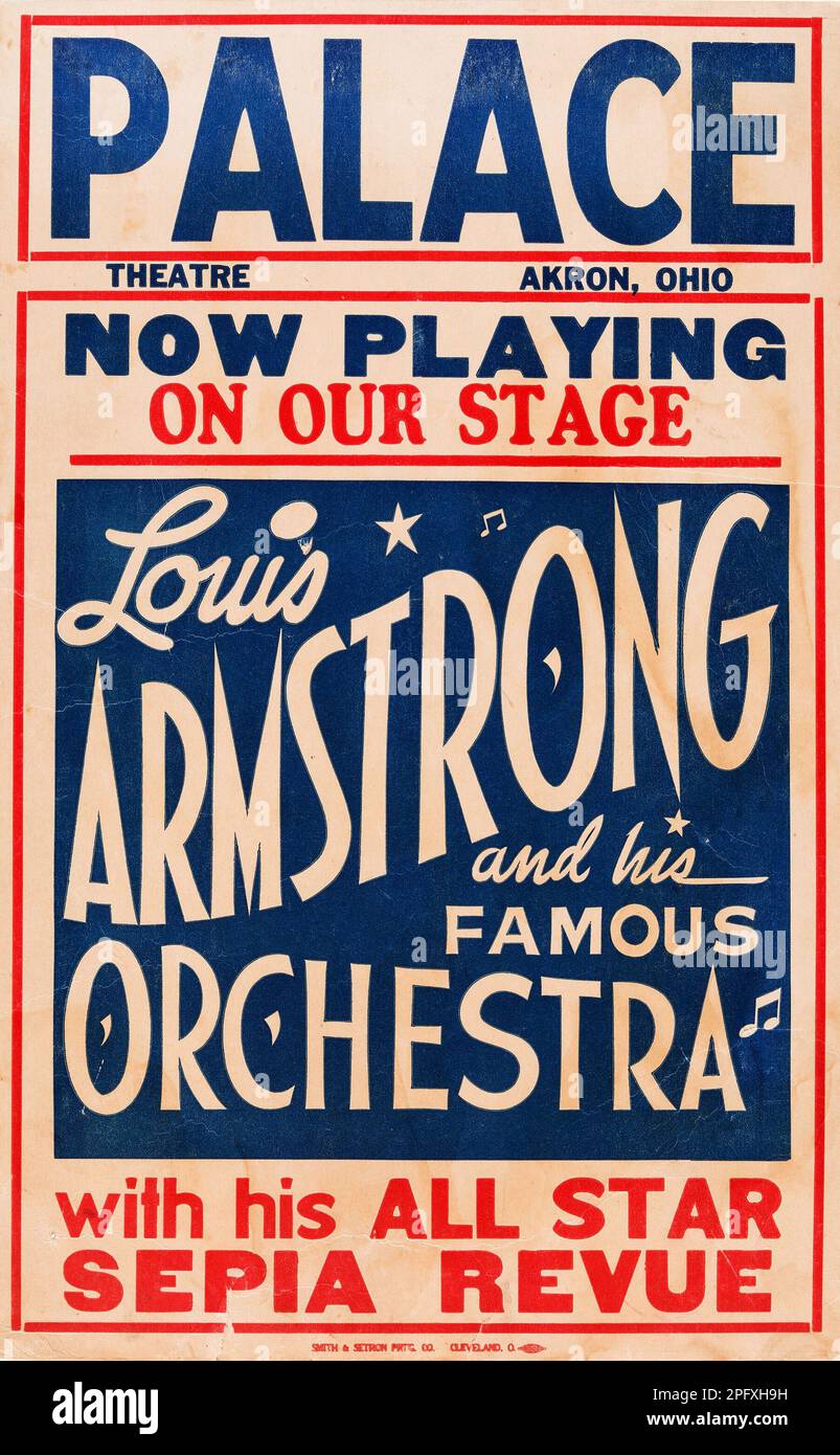 PALACE - Louis Armstrong, Satchmo - e la sua famosa orchestra - 1930s Akron, Ohio - Vintage Jazz Concert Poster Foto Stock